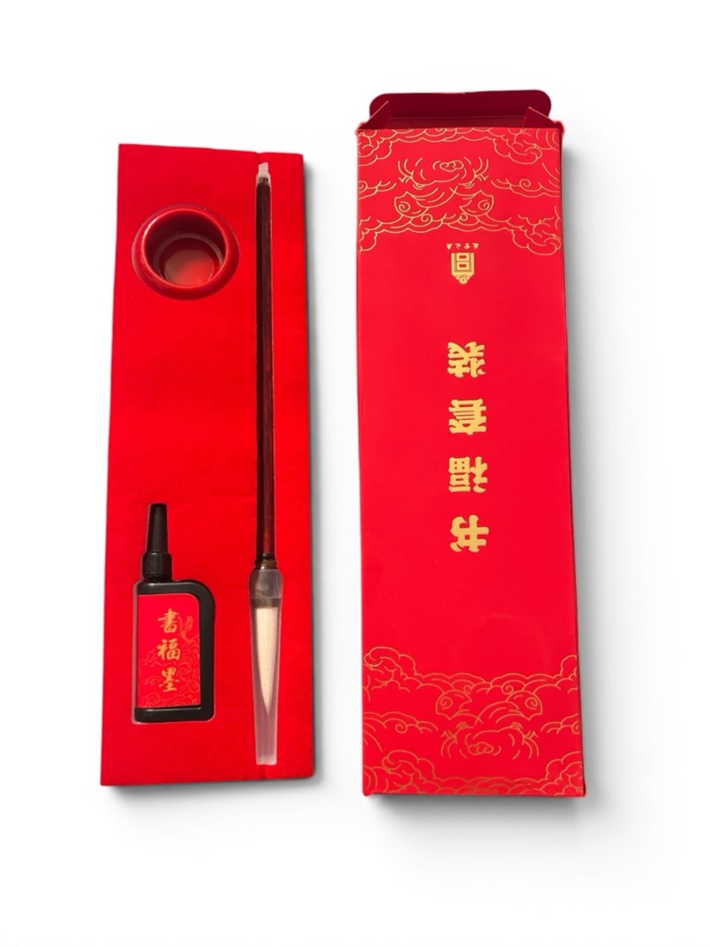 Red Chinese Calligraphy Brush Set with Ink Gift Display Writing Fortune Well